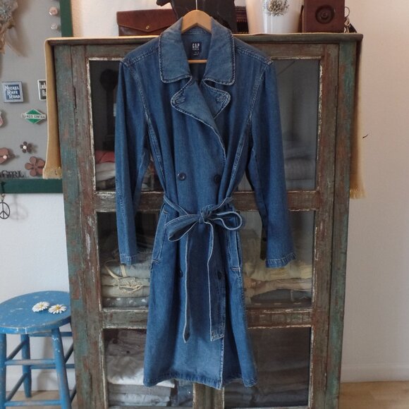 GAP Denim Trench Coat Double Breasted Belted Duster XXL NWOT - Picture 3 of 10